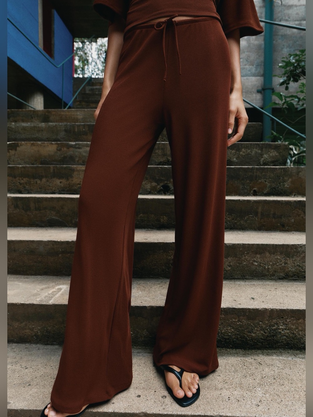 Zara NWT drawstring waist casual Wide-Leg palazzo Pants in rust Brown